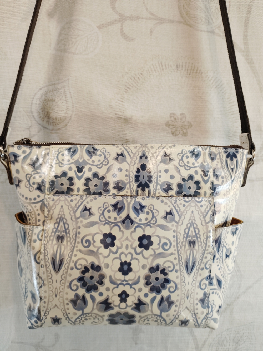 Patricia Nash Blue and White Floral Genuine Leather Crossbody Bag